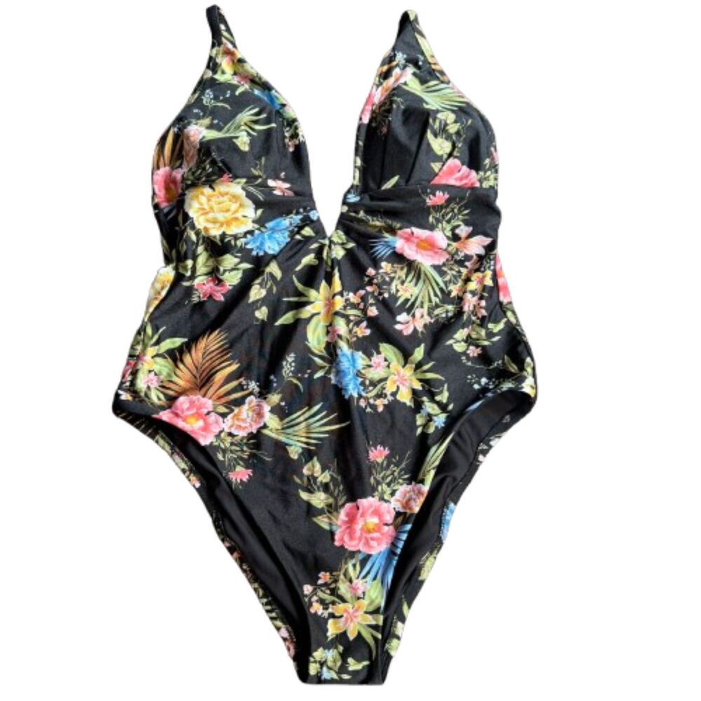 Shade & Shore Shirred V-Wire High Leg Cheeky Floral One-Piece Swimsuit Size L - Picture 3 of 3